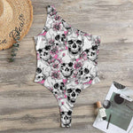 Pink Flowers Skull Pattern Print One Shoulder Bodysuit