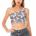 Pink Flowers Skull Pattern Print One Shoulder Crop Top