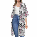 Pink Flowers Skull Pattern Print Open Front Beach Cover Up