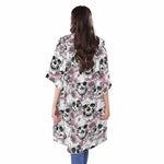 Pink Flowers Skull Pattern Print Open Front Beach Cover Up