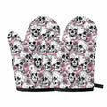 Pink Flowers Skull Pattern Print Oven Mitts