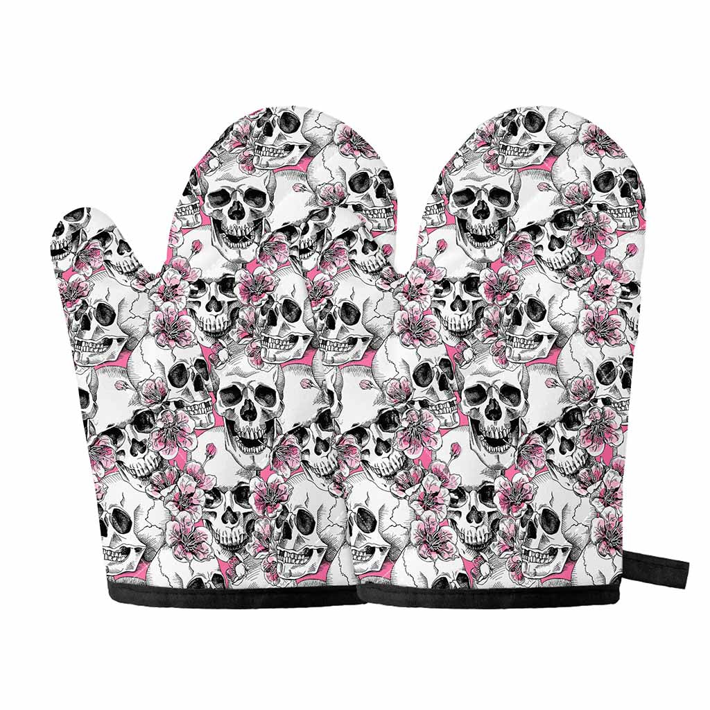 Pink Flowers Skull Pattern Print Oven Mitts