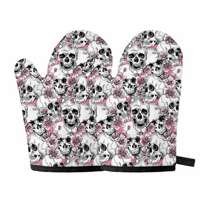 Pink Flowers Skull Pattern Print Oven Mitts
