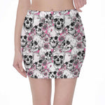 Pink Flowers Skull Pattern Print Pencil Mini Skirt
