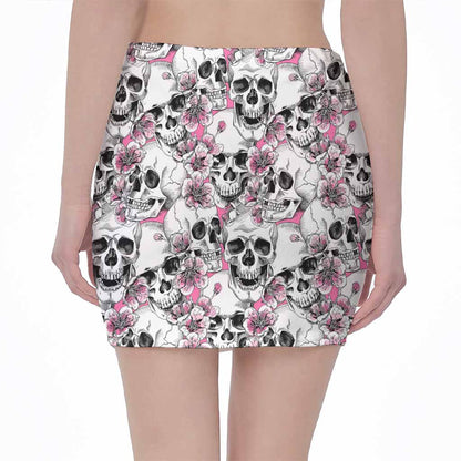 Pink Flowers Skull Pattern Print Pencil Mini Skirt