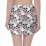 Pink Flowers Skull Pattern Print Pencil Mini Skirt