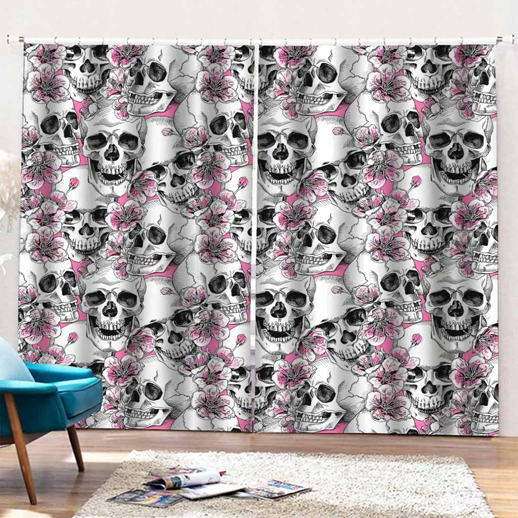 Pink Flowers Skull Pattern Print Pencil Pleat Curtains
