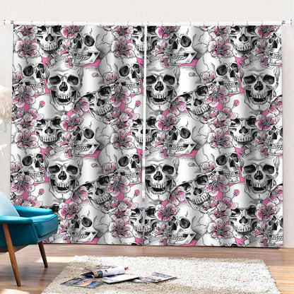 Pink Flowers Skull Pattern Print Pencil Pleat Curtains