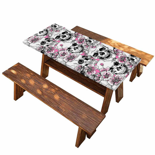Pink Flowers Skull Pattern Print Picnic Table Cover