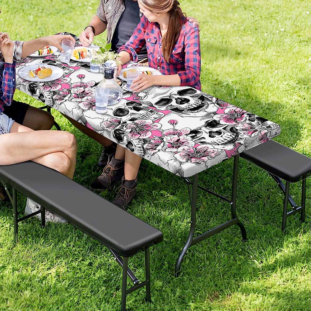 Pink Flowers Skull Pattern Print Picnic Table Cover