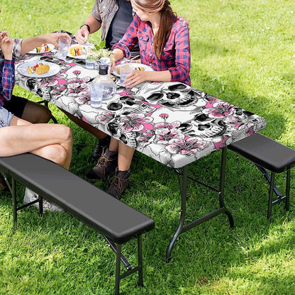 Pink Flowers Skull Pattern Print Picnic Table Cover