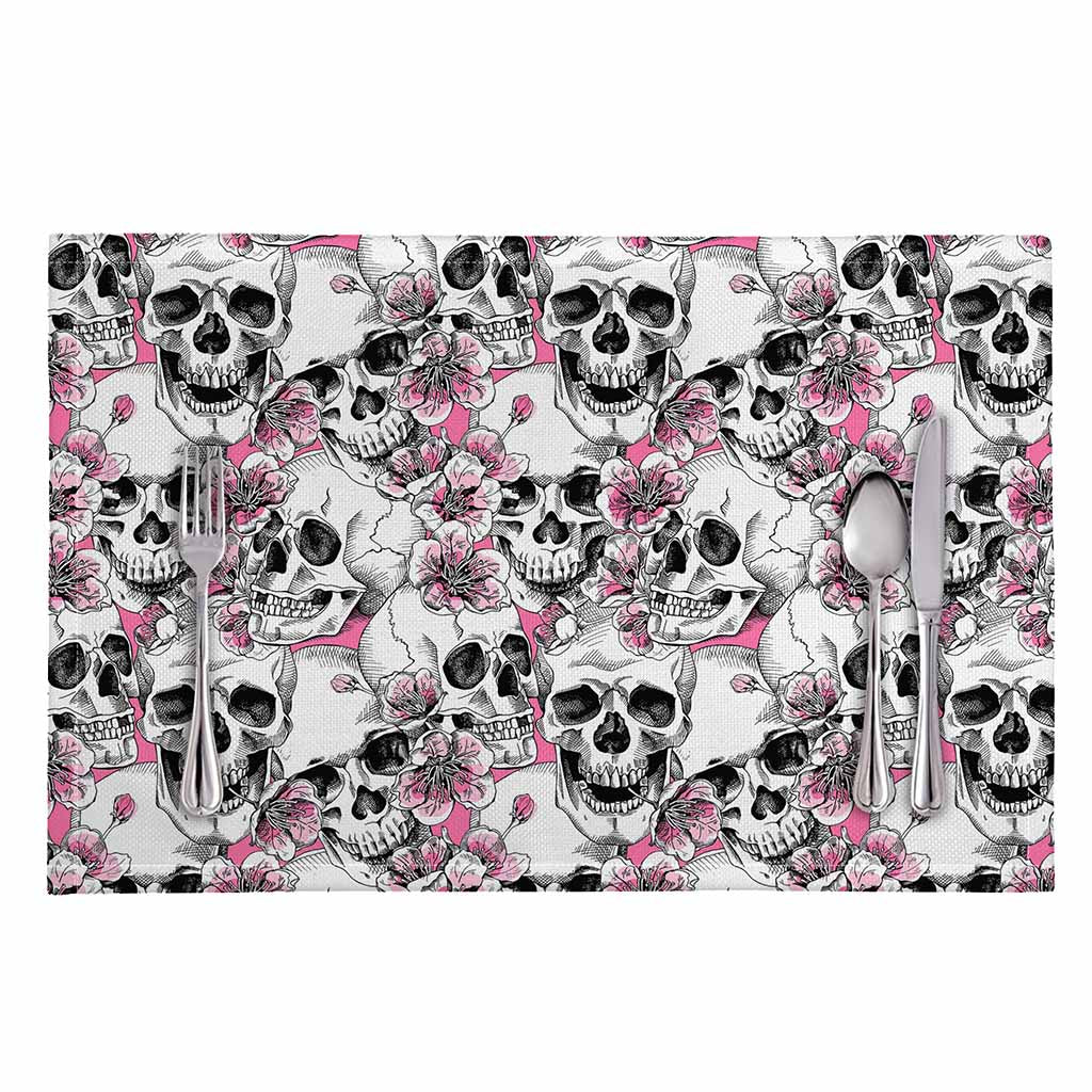 Pink Flowers Skull Pattern Print Placemat
