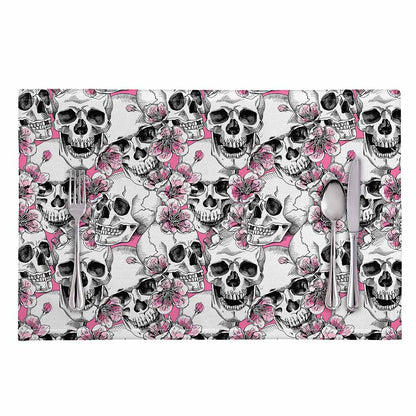 Pink Flowers Skull Pattern Print Placemat