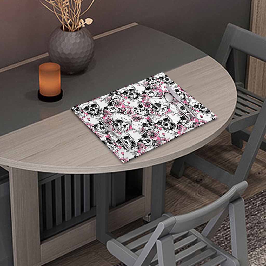 Pink Flowers Skull Pattern Print Placemat