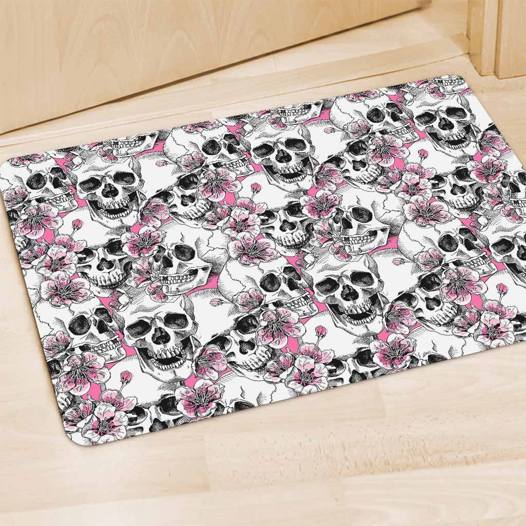 Pink Flowers Skull Pattern Print Polyester Doormat