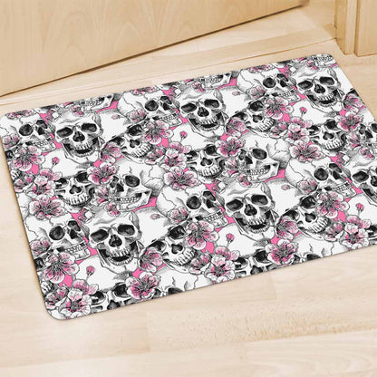 Pink Flowers Skull Pattern Print Polyester Doormat