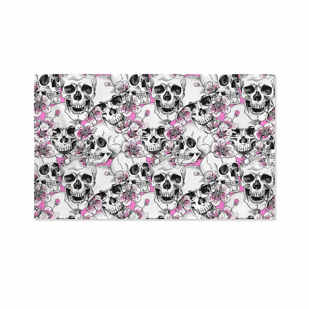 Pink Flowers Skull Pattern Print Polyester Flag