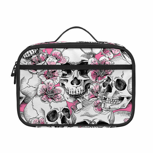 Pink Flowers Skull Pattern Print Portable Lunch Bag