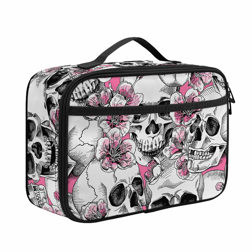 Pink Flowers Skull Pattern Print Portable Lunch Bag