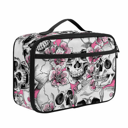 Pink Flowers Skull Pattern Print Portable Lunch Bag
