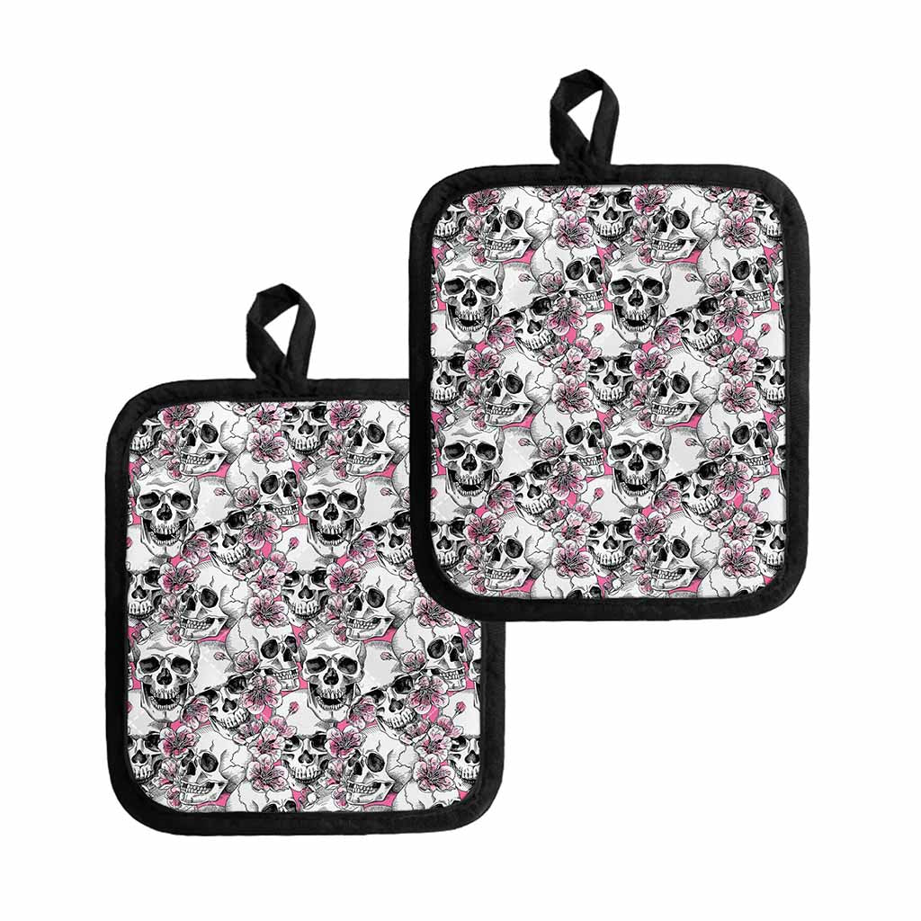 Pink Flowers Skull Pattern Print Pot Holders