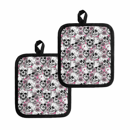 Pink Flowers Skull Pattern Print Pot Holders
