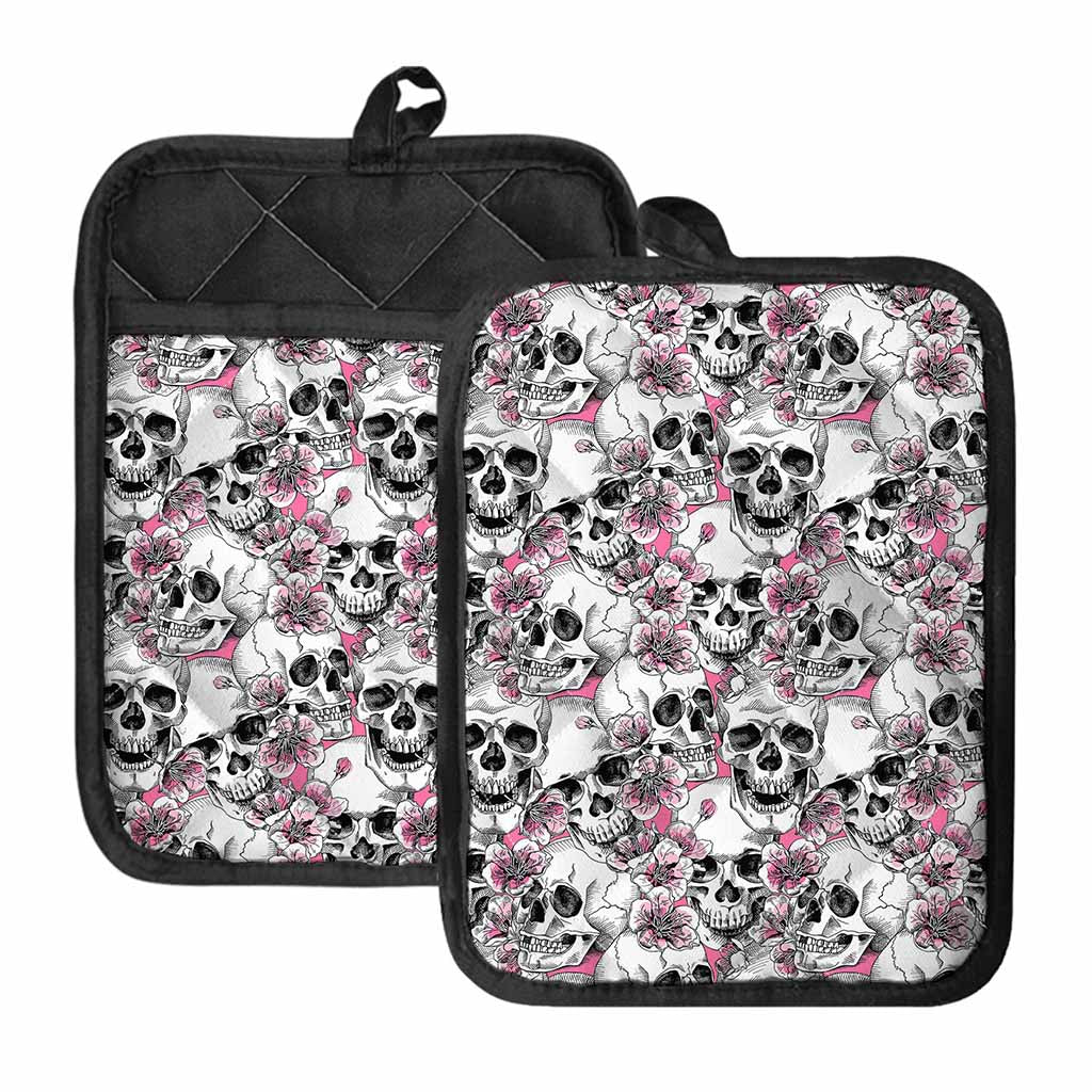 Pink Flowers Skull Pattern Print Pot Holders With Pocket