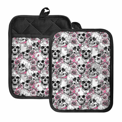 Pink Flowers Skull Pattern Print Pot Holders With Pocket
