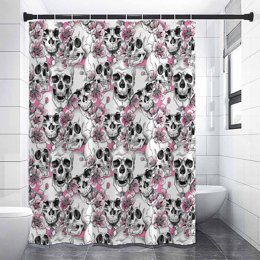 Pink Flowers Skull Pattern Print Premium Shower Curtain