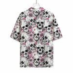 Pink Flowers Skull Pattern Print Rayon Hawaiian Shirt