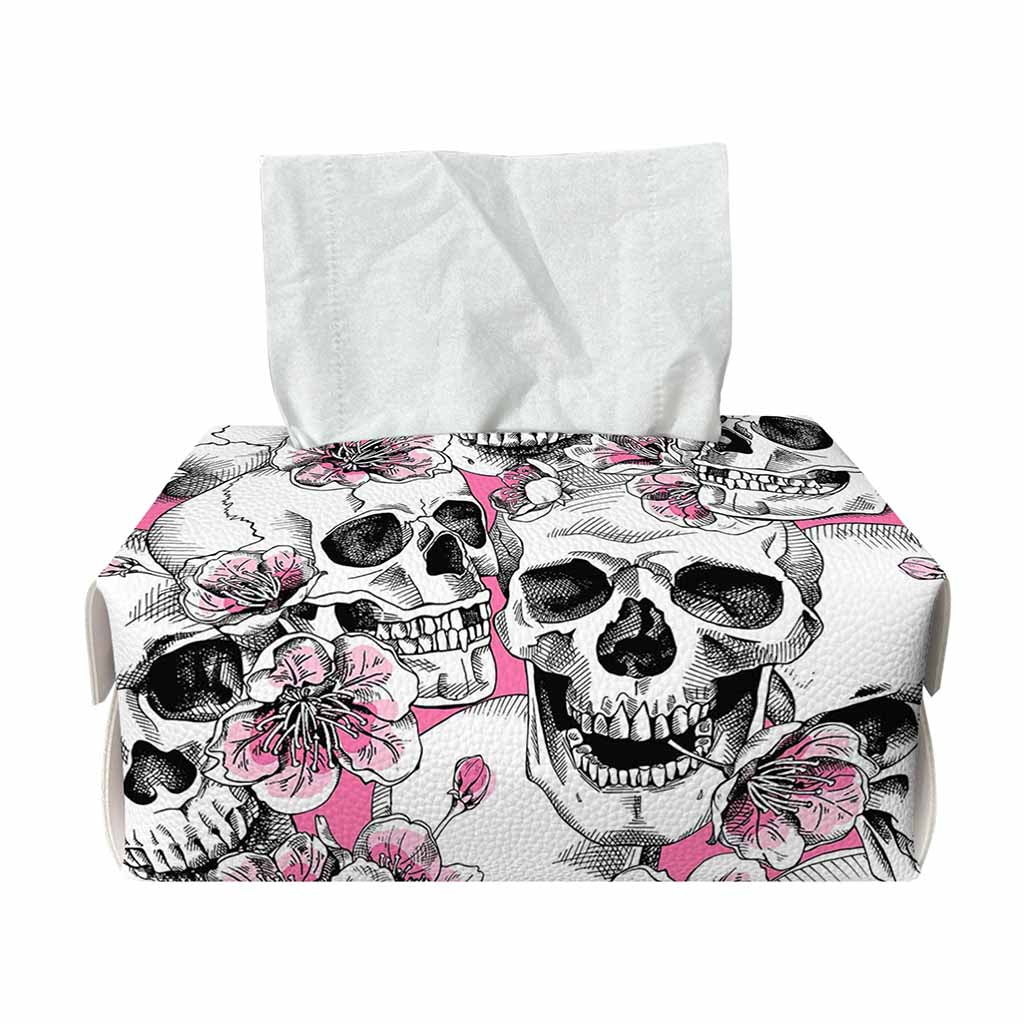 Pink Flowers Skull Pattern Print Rectangle Tissue Box Cover