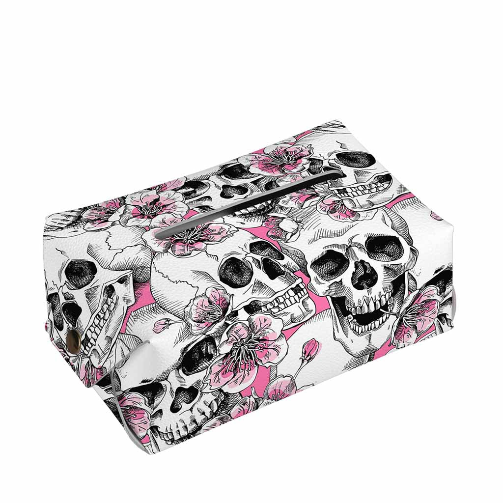 Pink Flowers Skull Pattern Print Rectangle Tissue Box Cover