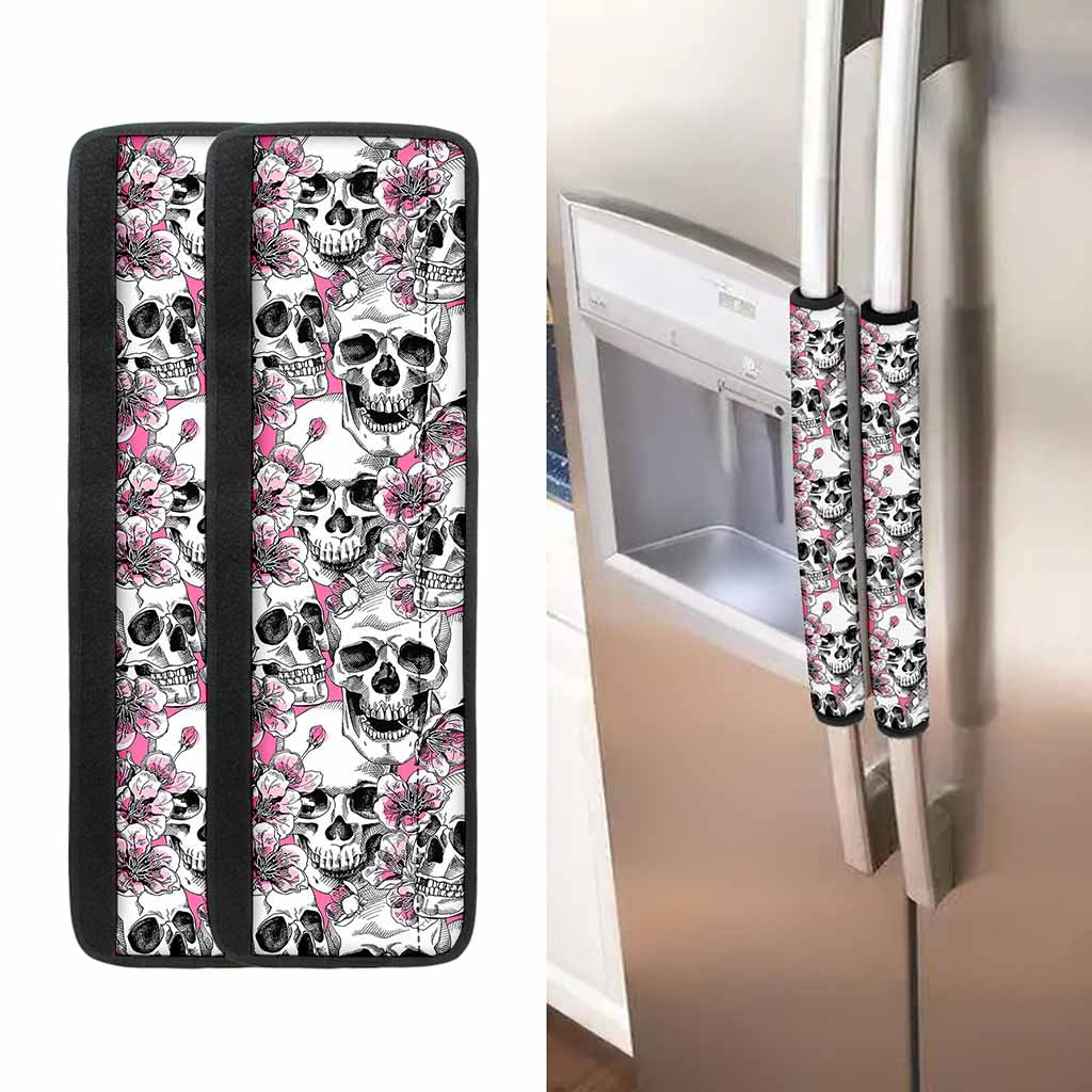 Pink Flowers Skull Pattern Print Refrigerator Handle Covers