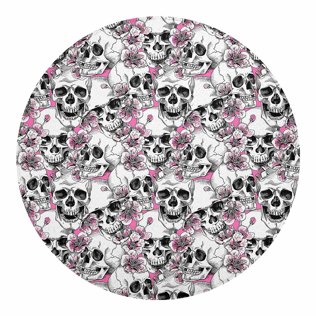 Pink Flowers Skull Pattern Print Round Blanket
