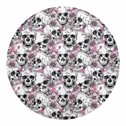 Pink Flowers Skull Pattern Print Round Blanket