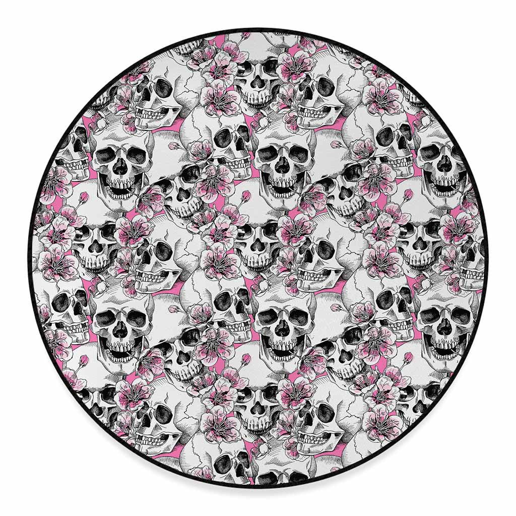 Pink Flowers Skull Pattern Print Round Floor Mat
