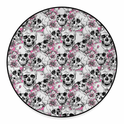 Pink Flowers Skull Pattern Print Round Floor Mat