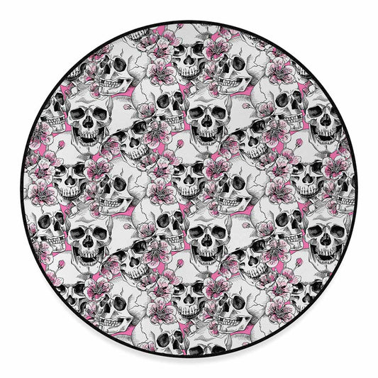Pink Flowers Skull Pattern Print Round Floor Mat