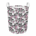 Pink Flowers Skull Pattern Print Round Laundry Basket
