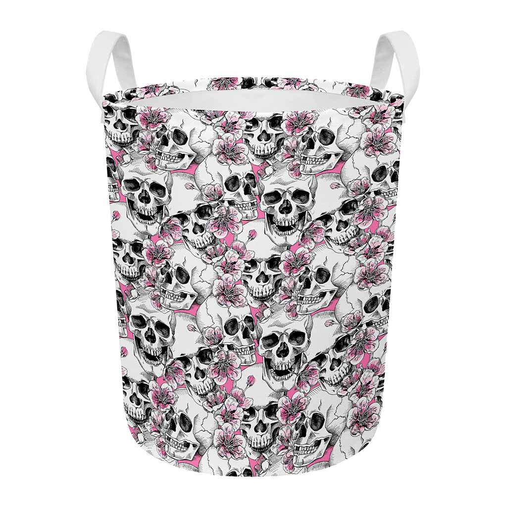 Pink Flowers Skull Pattern Print Round Laundry Basket