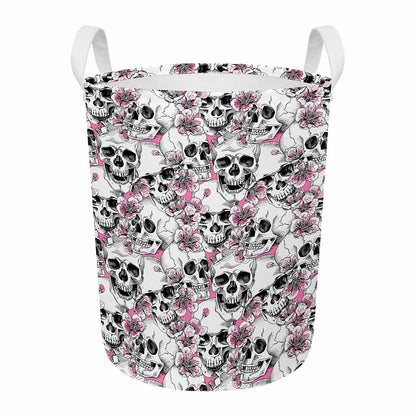 Pink Flowers Skull Pattern Print Round Laundry Basket