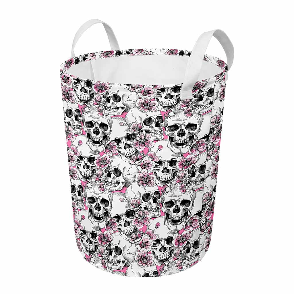 Pink Flowers Skull Pattern Print Round Laundry Basket