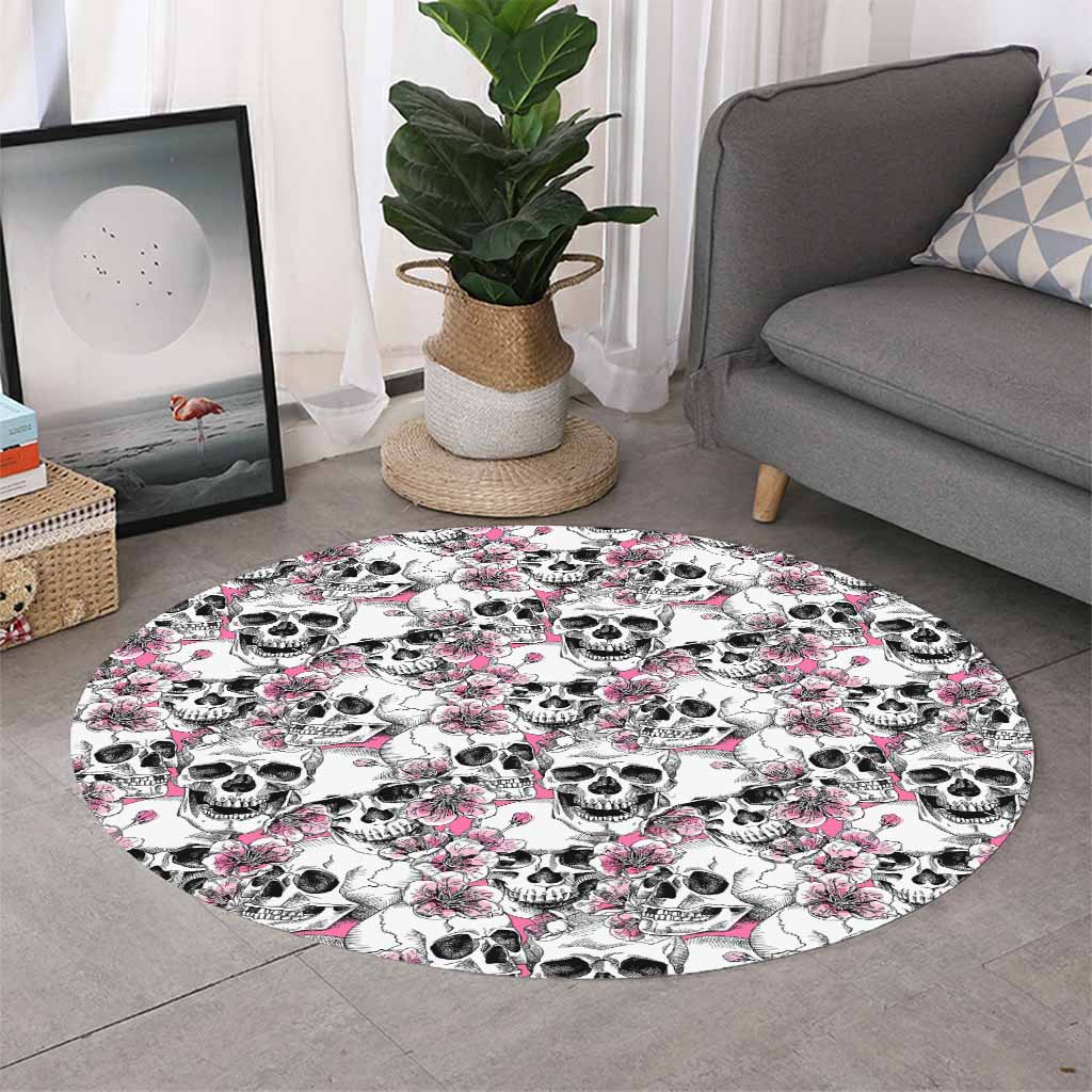 Pink Flowers Skull Pattern Print Round Rug