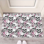 Pink Flowers Skull Pattern Print Rubber Doormat