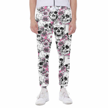 Pink Flowers Skull Pattern Print Scuba Joggers