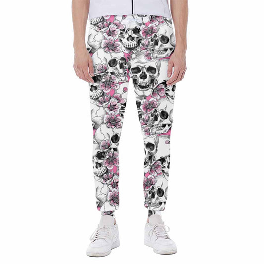 Pink Flowers Skull Pattern Print Scuba Joggers