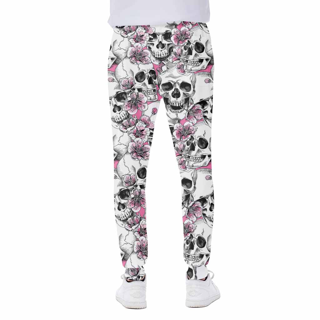 Pink Flowers Skull Pattern Print Scuba Joggers