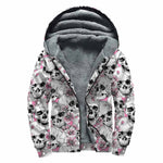 Pink Flowers Skull Pattern Print Sherpa Lined Zip Up Hoodie