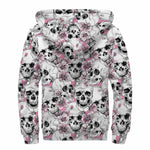 Pink Flowers Skull Pattern Print Sherpa Lined Zip Up Hoodie