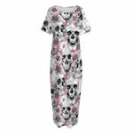 Pink Flowers Skull Pattern Print Short Sleeve Long Nightdress